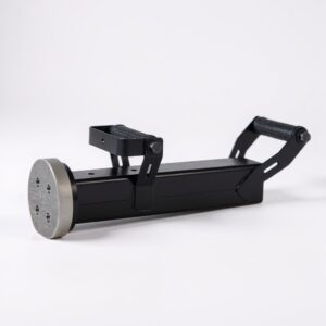 BR1-PRO modular battering ram shown in a three-quarter view, featuring a 23.46 lb steel body with removable weight block, round 5.5 inch strike face, and dual fixed handles designed for professional tactical breaching.