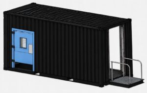 Side view of the BP-MBTC-20-C1 Mobile Breaching Training Center featuring the MultiForce Door training system integrated into a containerized breaching platform for law enforcement and military training.