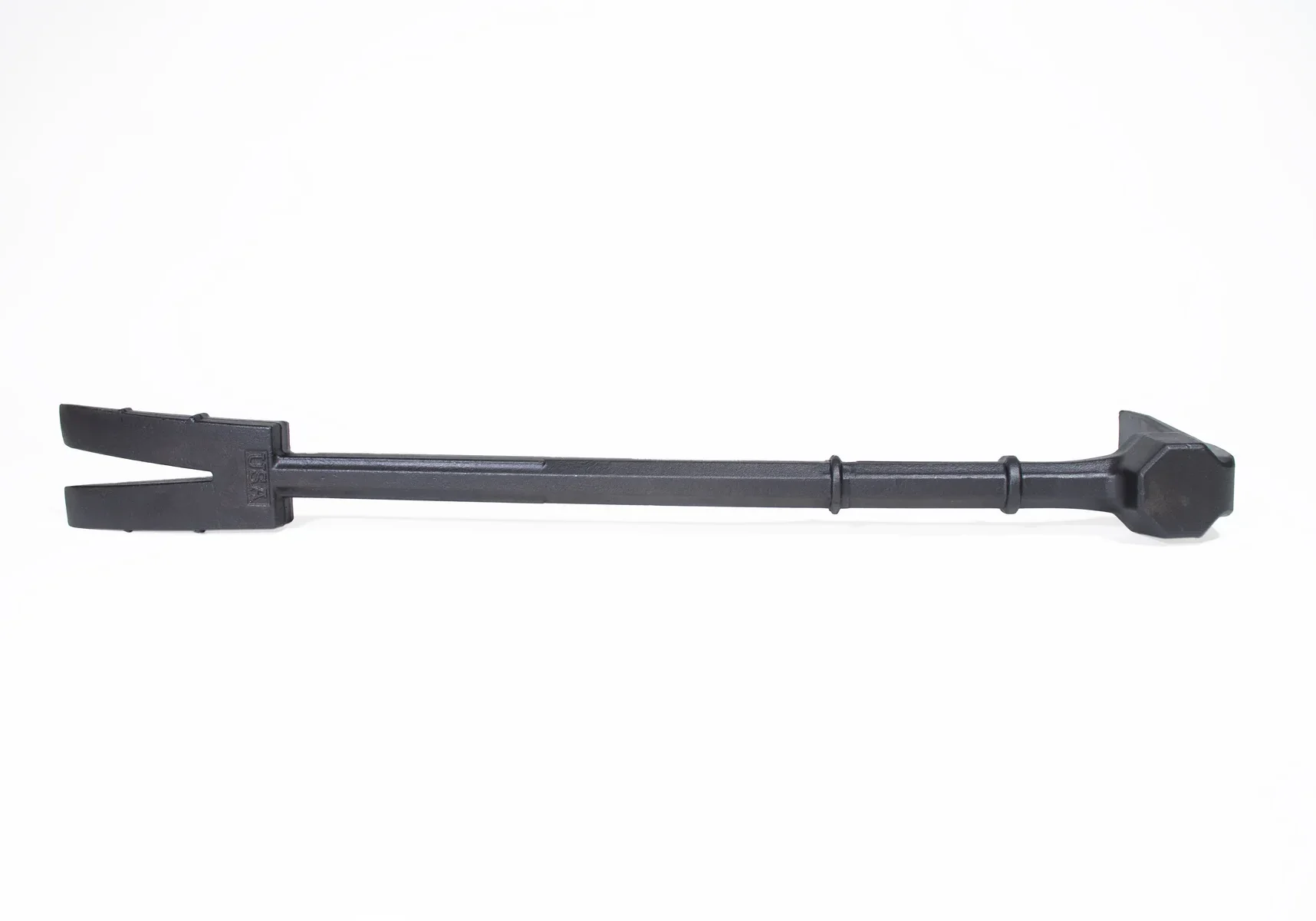 Rear view of the Chicago Adz spikeless halligan breaching tool showing the fork profile, reinforced shaft, and black oxide–finished 4140 steel construction designed for mechanical door breaching.